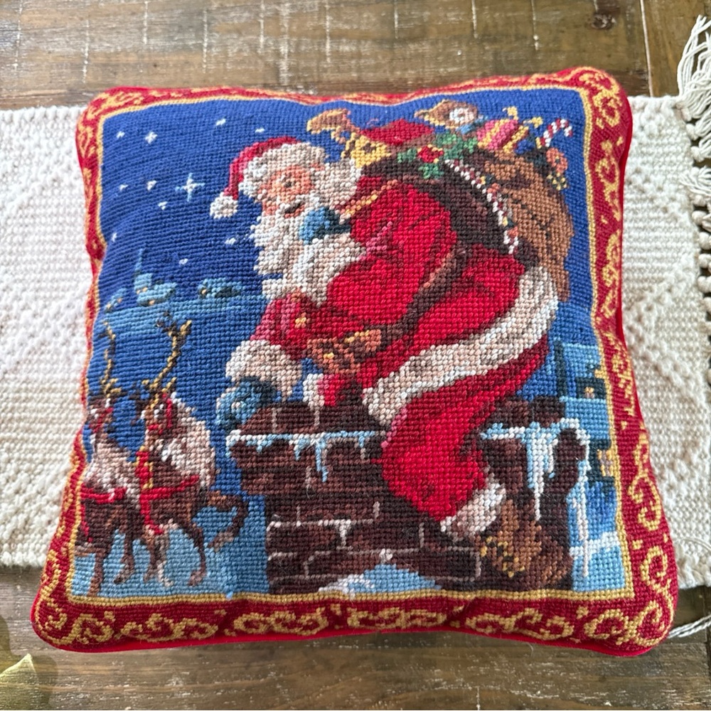 Classic Santa Needlepoint Velvet Wool Holiday Pillow - Red & Blue